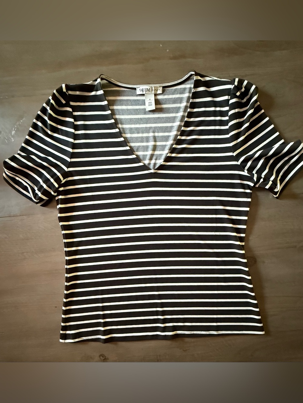 White House Black Market Black and White Striped V-Neck Short Sleeve Top